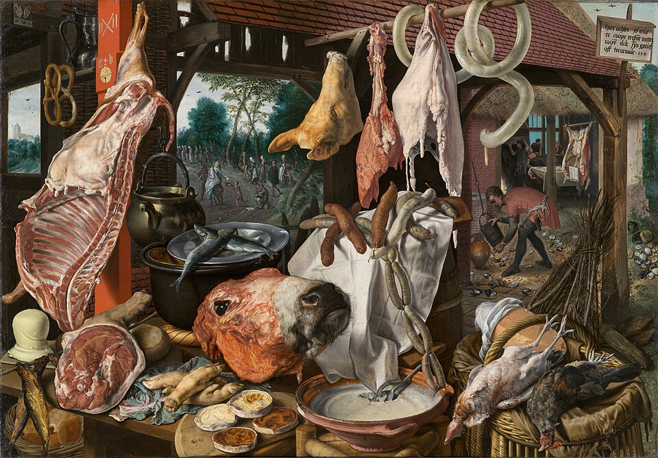 Étal de viande avec la Sainte Famille faisant l'aumône durant la Fuite en Égypte, Pieter Aertsen