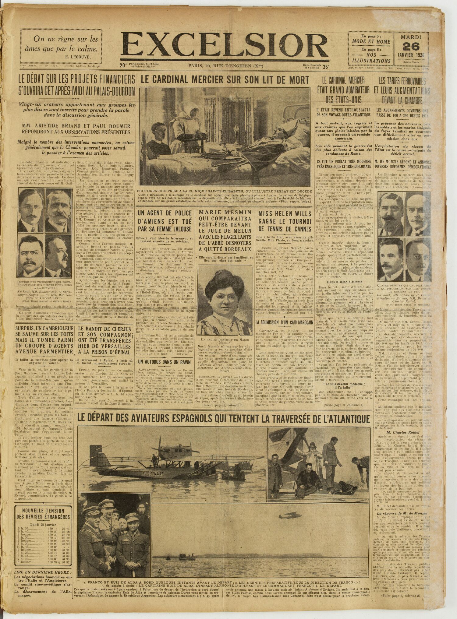 Une du journal Excelsior du 26 janvier 1926 : Le débat sur les projets financiers s'ouvrira cet après-midi au palais-bourbon