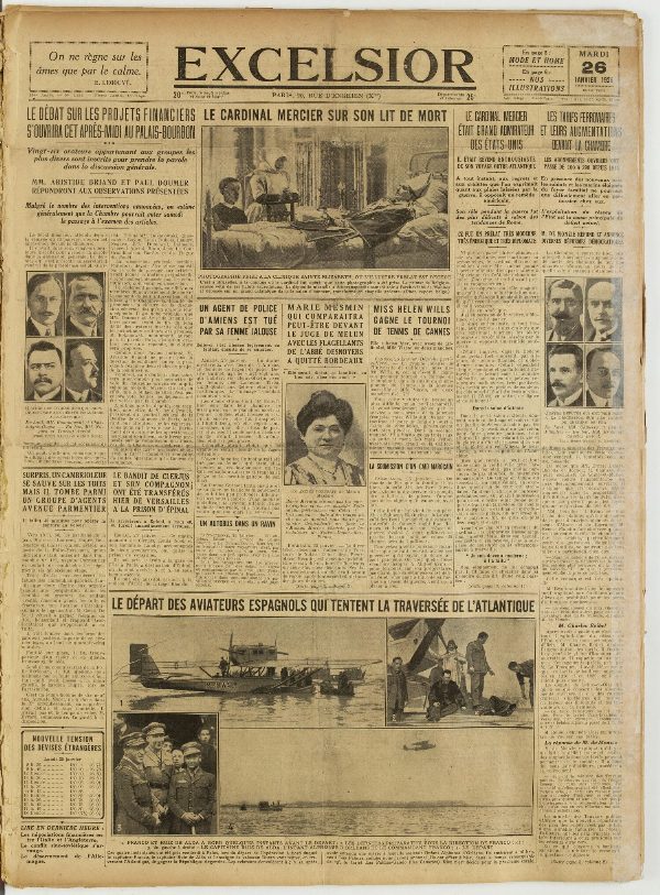 Une du journal Excelsior du 26 janvier 1926 : Le débat sur les projets financiers s'ouvrira cet après-midi au palais-bourbon