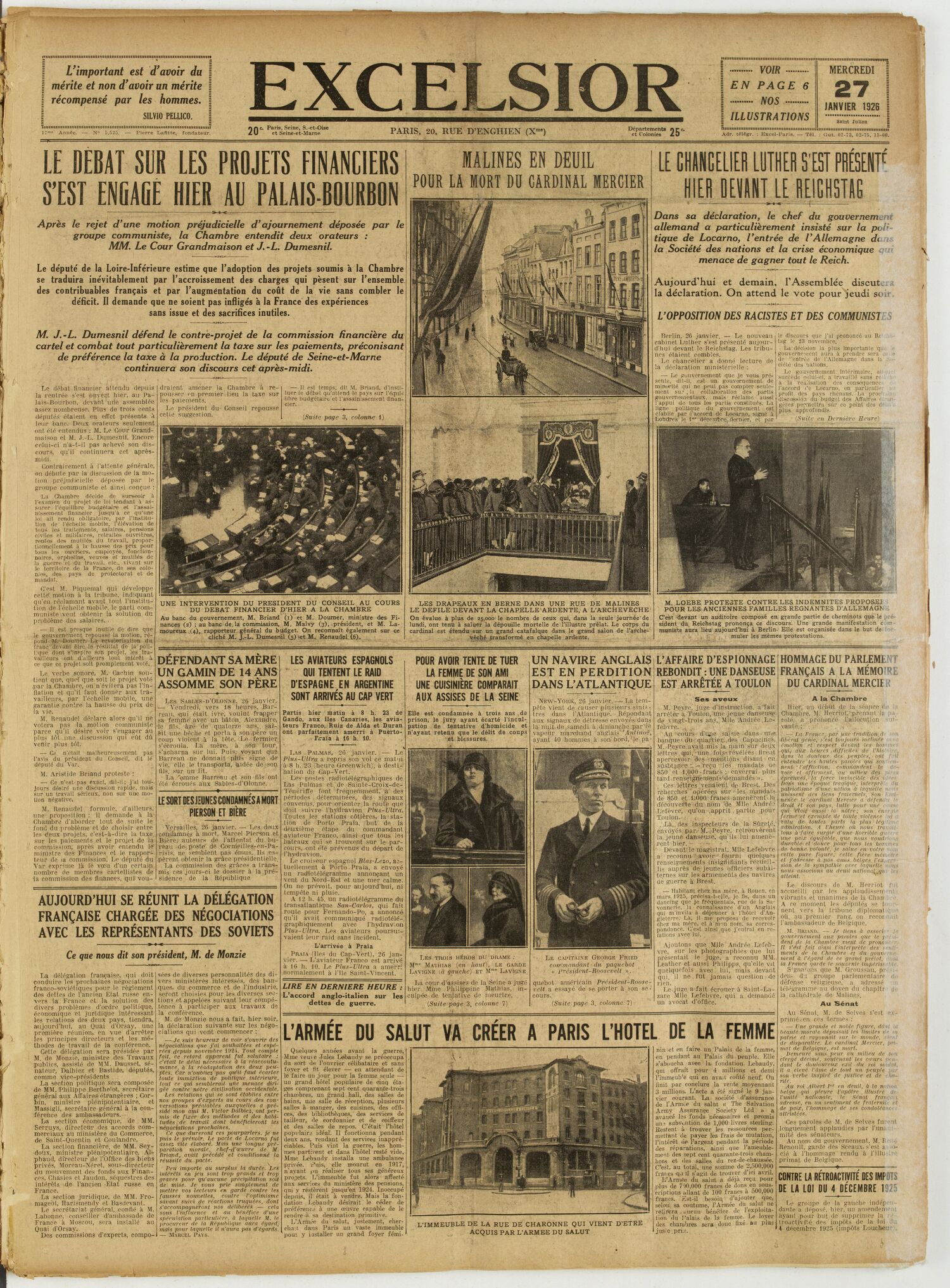 Une du journal Excelsior du 27 janvier 1926 : Le debat sur les projets financiers s'est engage hier au palais-bourbon