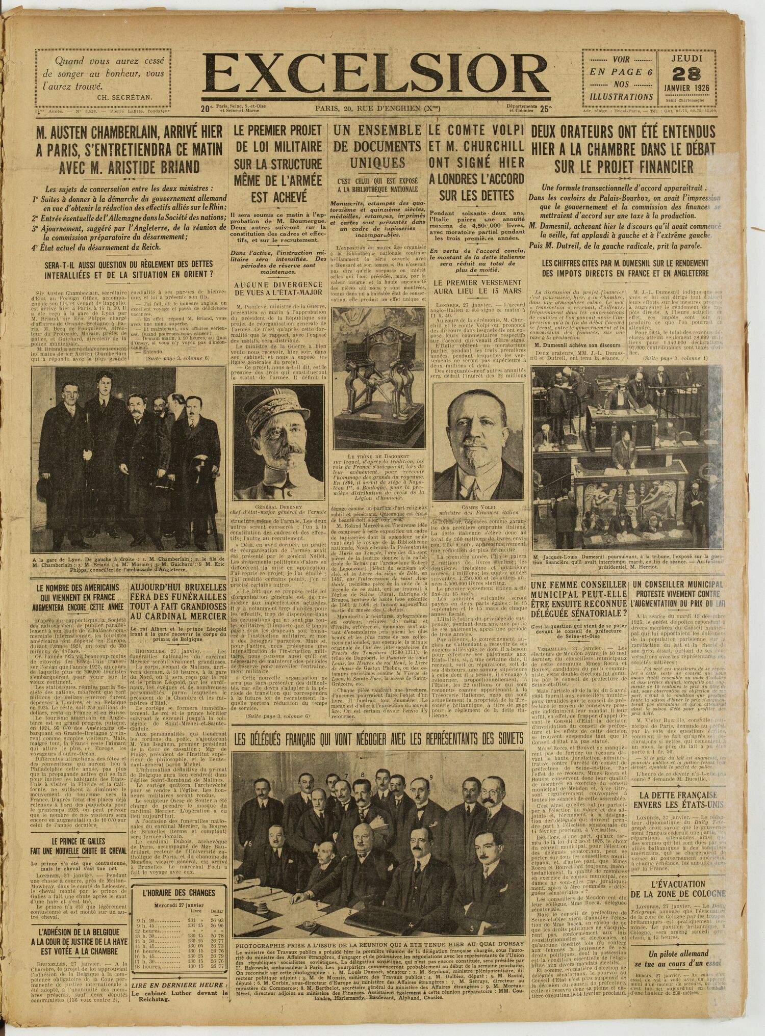 Une du journal Excelsior du 28 janvier 1926 : Les délégués français qui vont négocier avec les représentants des soviets