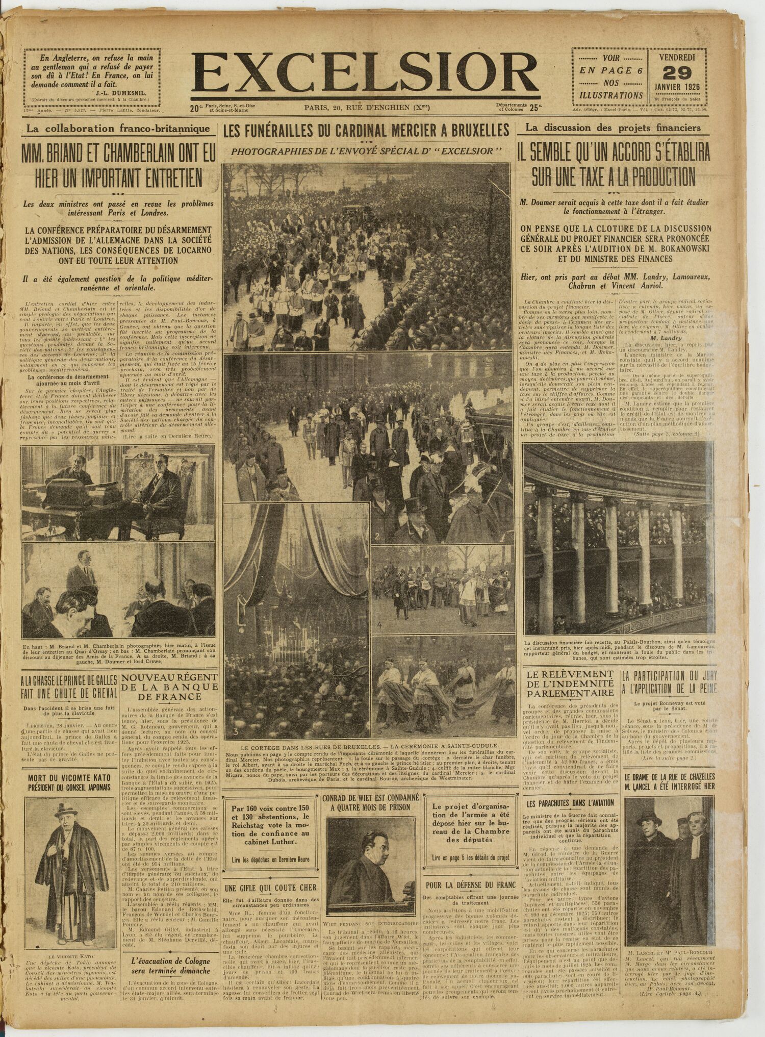 Une du journal Excelsior du 29 janvier 1926 : Il semble accord sur une taxe a la production