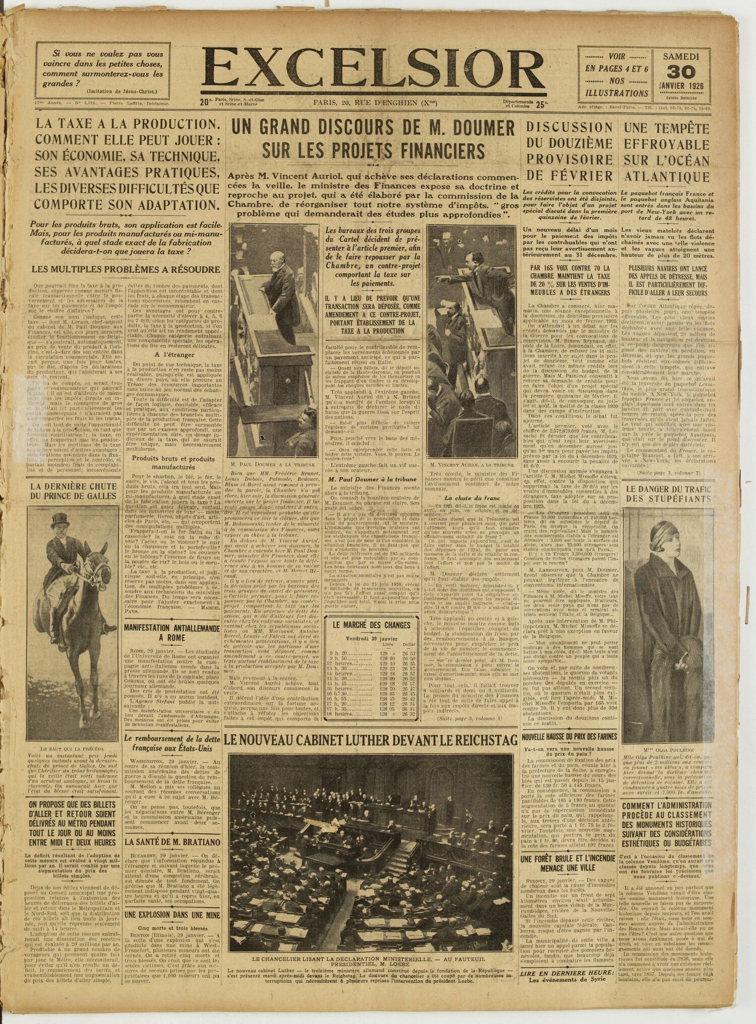 Une du journal Excelsior du 30 janvier 1926 : Un grand discours de M. doumer sur les projets financiers