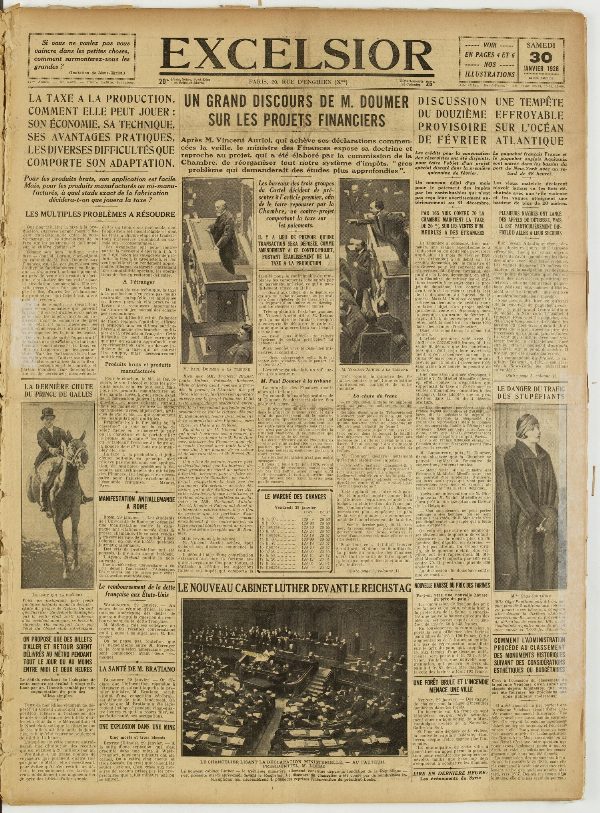 Une du journal Excelsior du 30 janvier 1926 : Un grand discours de M. doumer sur les projets financiers