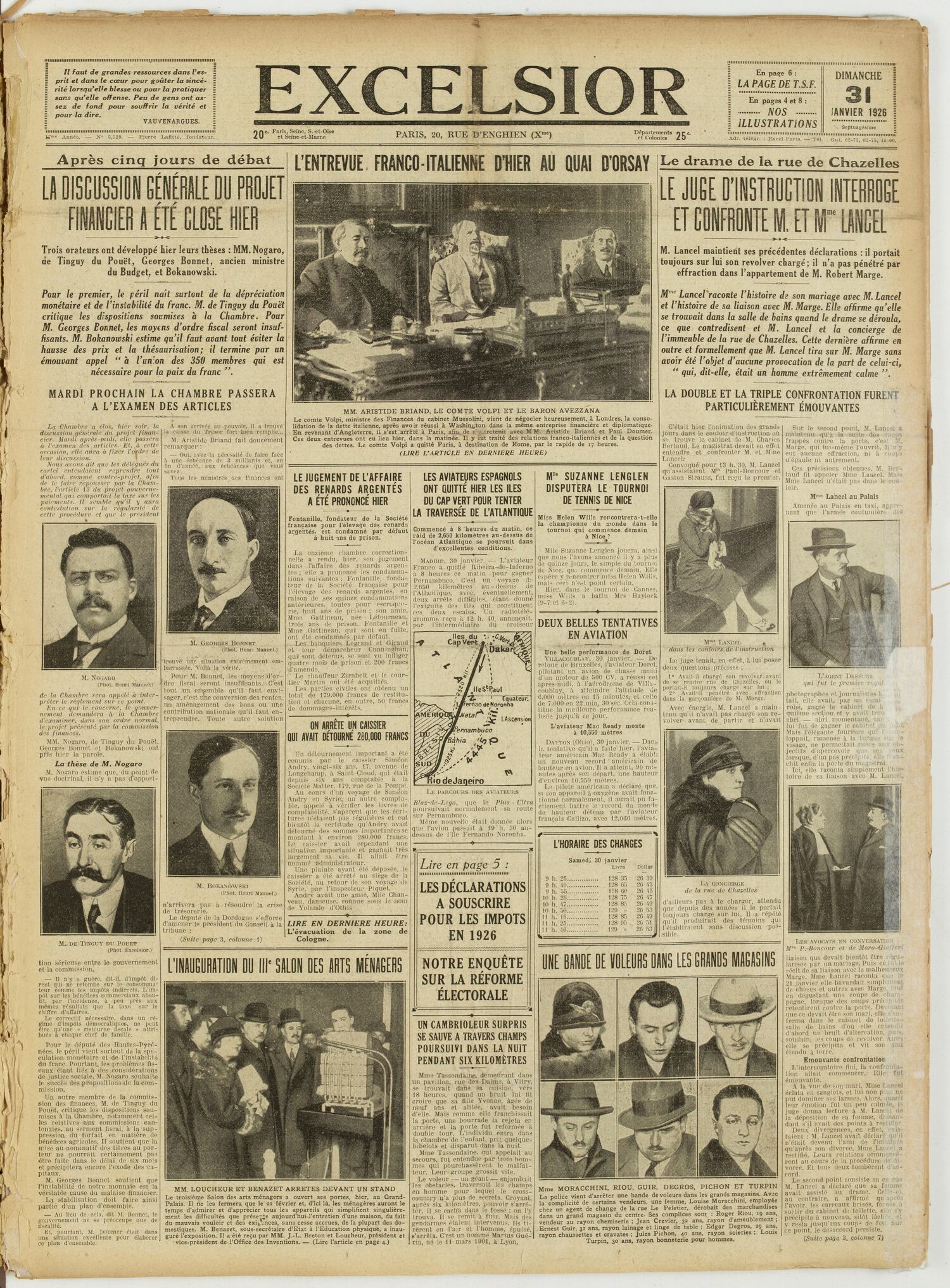 Une du journal Excelsior du 31 janvier 1926 : La discussion générale du projet financier a été close hier
