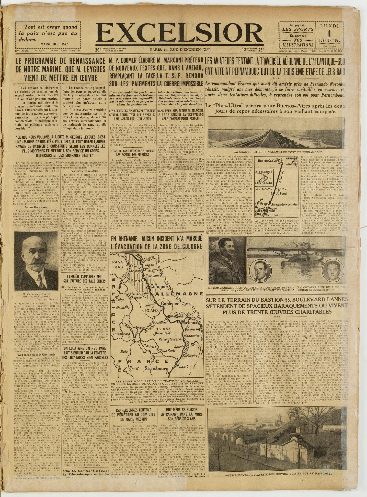 Une du journal Excelsior du 1 février 1926 : Les aviateurs tentant la traversée aérienne de l'atlantique-sud ont atteint pernambouc but de la troisième étape de leur raid