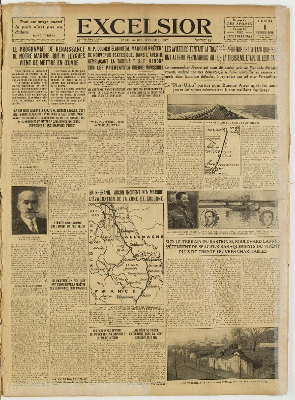 Une du journal Excelsior du 1 février 1926 : Les aviateurs tentant la traversée aérienne de l'atlantique-sud ont atteint pernambouc but de la troisième étape de leur raid