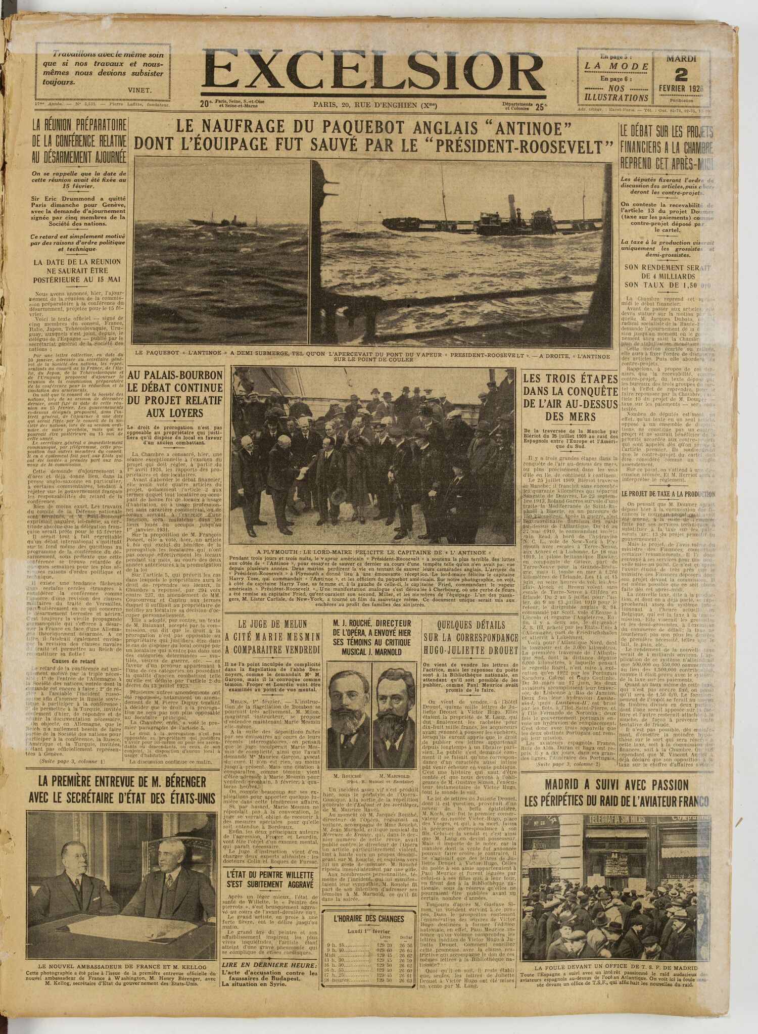 Une du journal Excelsior du 2 février 1926 : Le naufrage du paquebot anglais antinoe « dont l'éouipage fut sauvé par le » président-roosevelt "