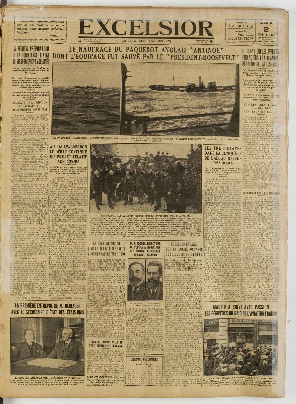 Une du journal Excelsior du 2 février 1926 : Le naufrage du paquebot anglais antinoe « dont l'éouipage fut sauvé par le » président-roosevelt "