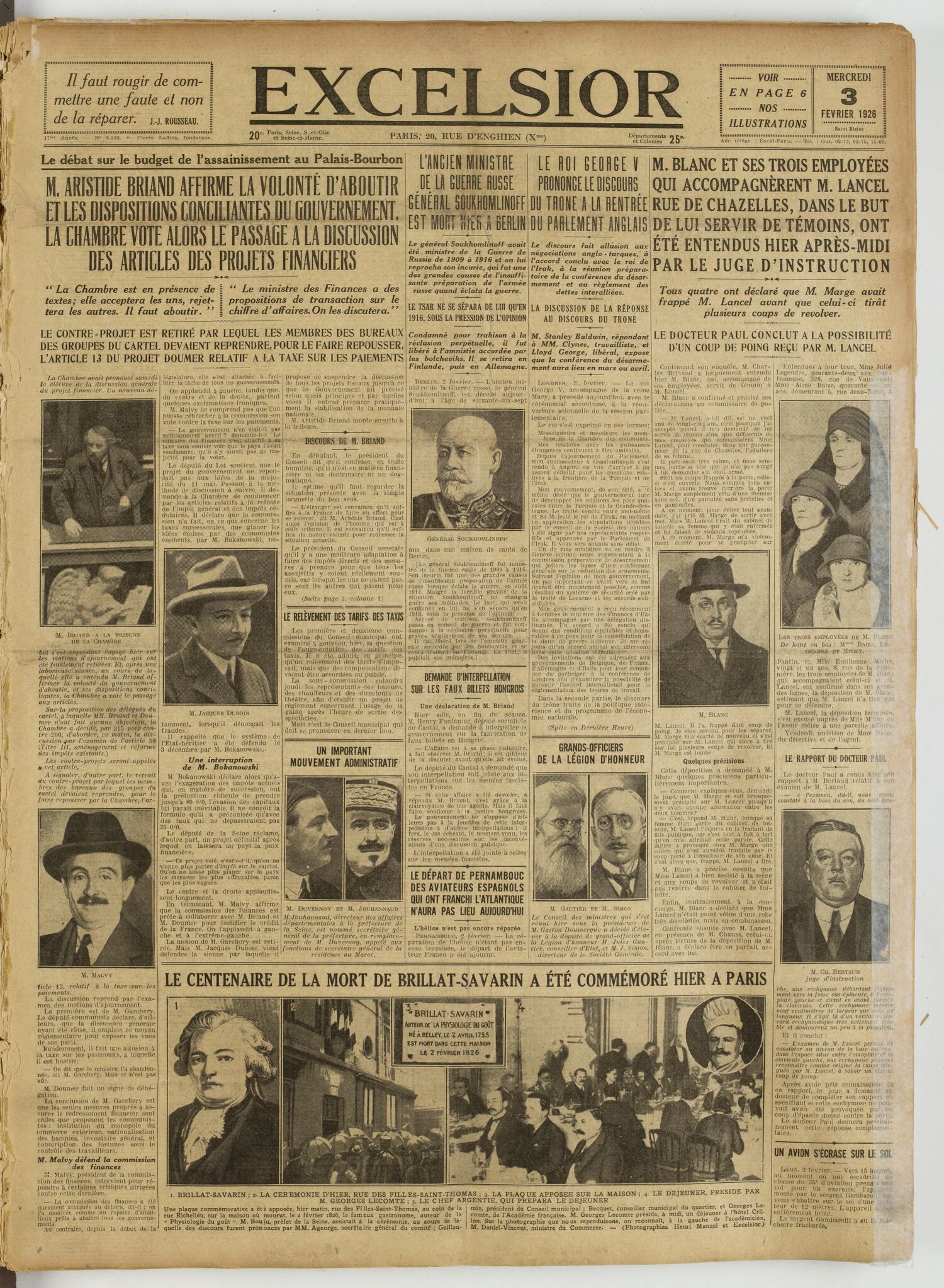 Une du journal Excelsior du 3 février 1926 : M. aristide briand affirme la volonté d'aboutir et les dispositions conciliantes du gouvernement. la chambre vote alors le passage a la discussion des articles des projets financiers