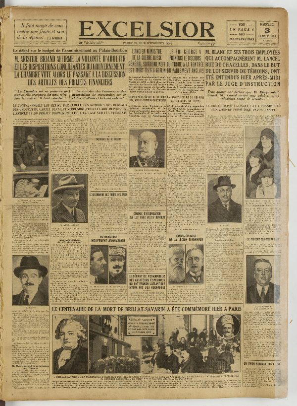 Une du journal Excelsior du 3 février 1926 : M. aristide briand affirme la volonté d'aboutir et les dispositions conciliantes du gouvernement. la chambre vote alors le passage a la discussion des articles des projets financiers