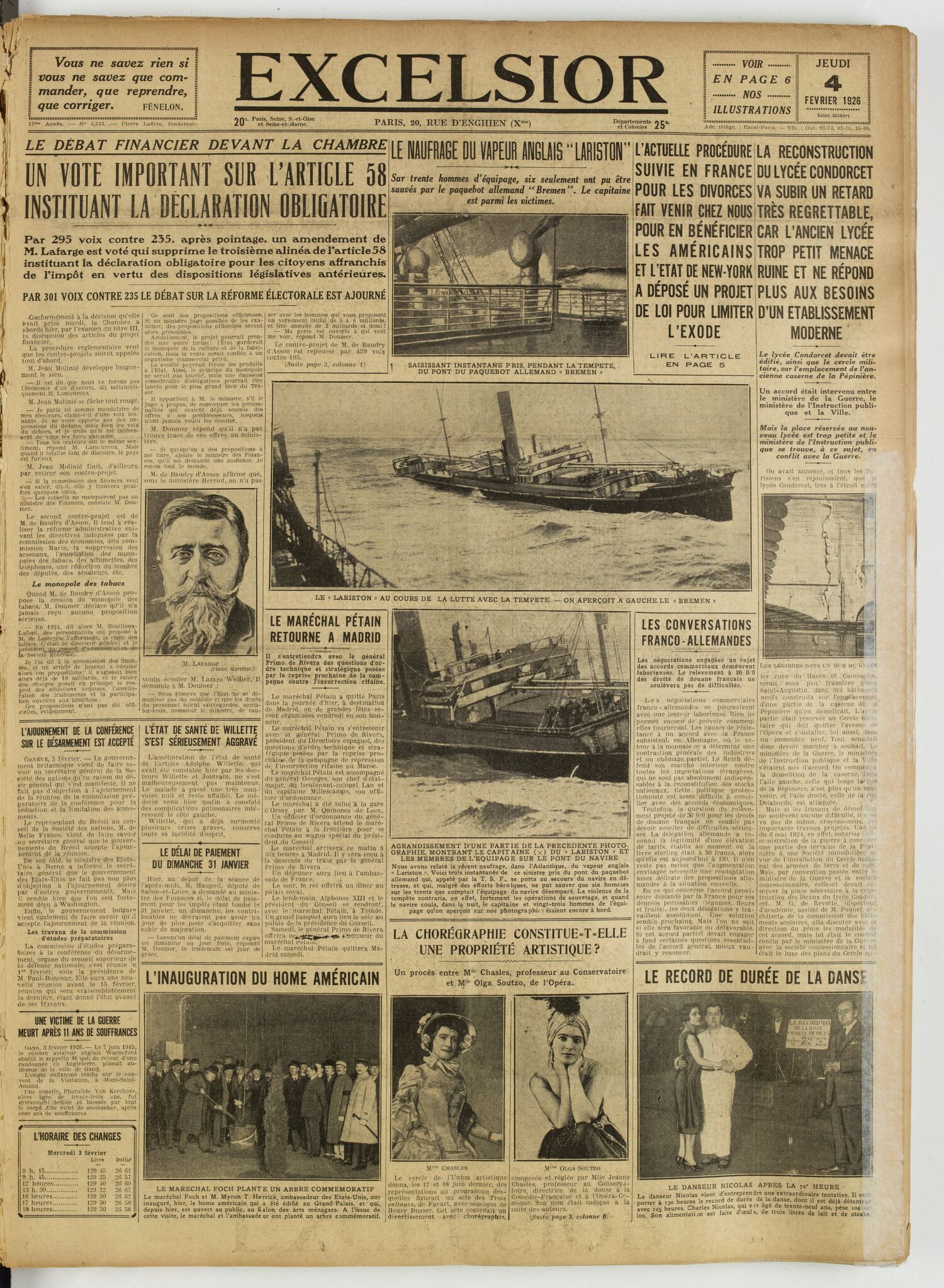 Une du journal Excelsior du 4 février 1926 : Un vote important sur l'article 58 instituant la déclaration obligatoire