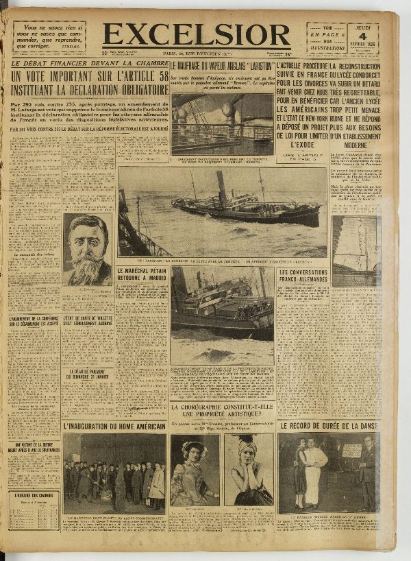 Une du journal Excelsior du 4 février 1926 : Un vote important sur l'article 58 instituant la déclaration obligatoire