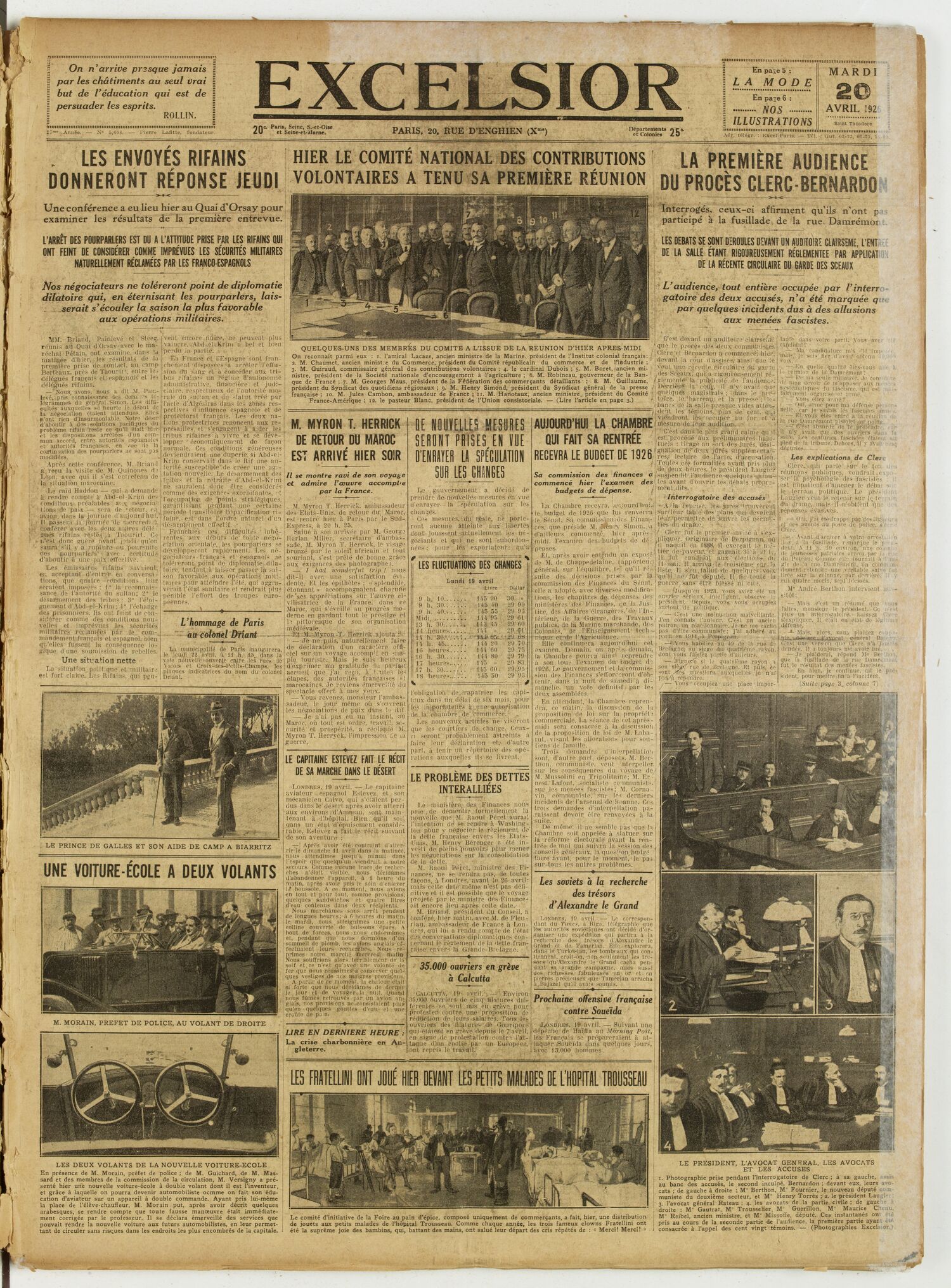 Une du journal Excelsior du 20 avril 1926 : Les envoyés rifains donneront réponse jeudi