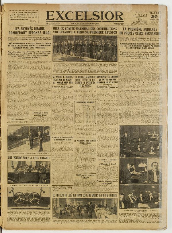 Une du journal Excelsior du 20 avril 1926 : Les envoyés rifains donneront réponse jeudi
