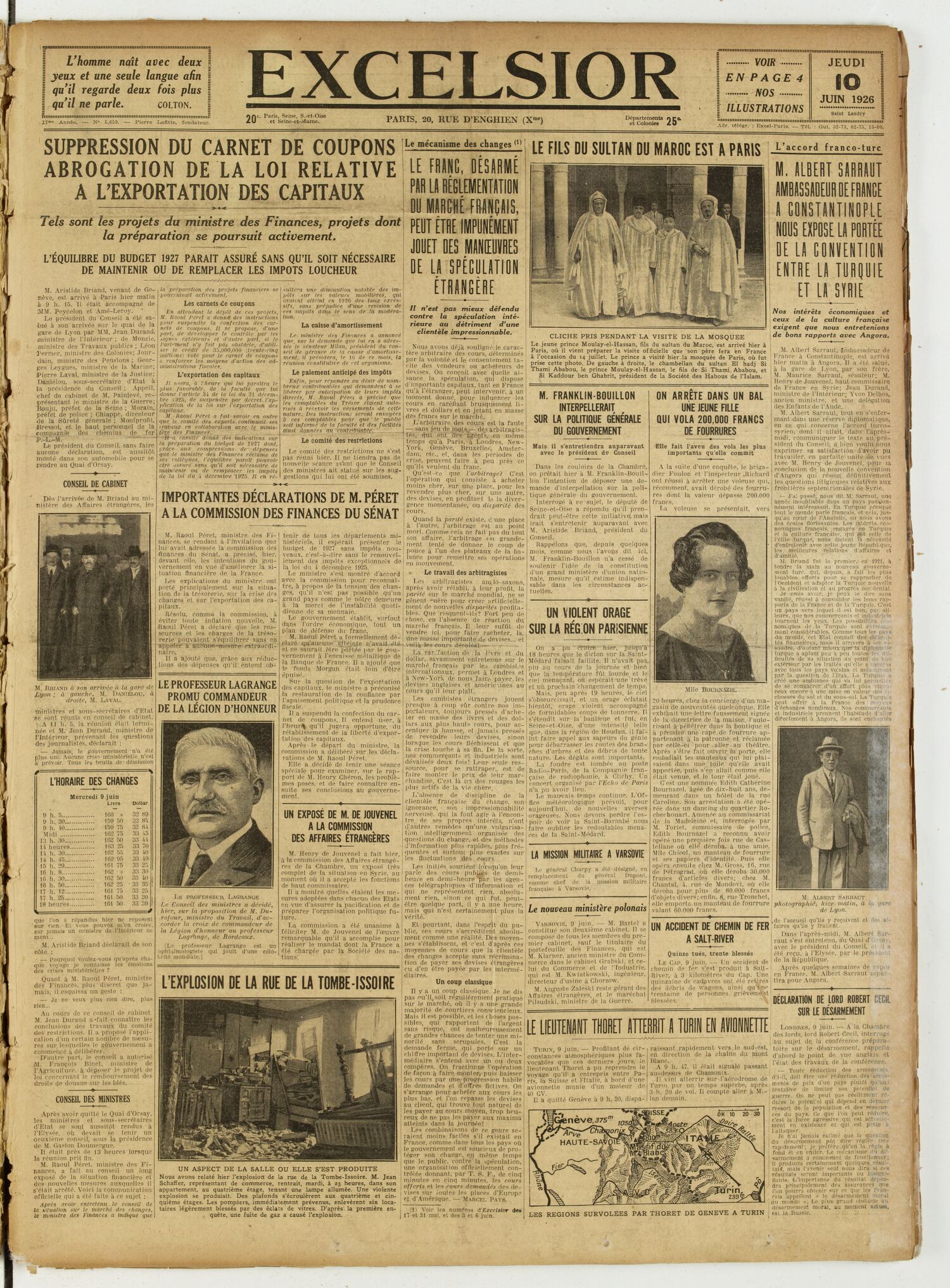 Une du journal Excelsior du 10 juin 1926 : Suppression du carnet de coupons abrogation de la loi relative a l'exportation des capitaux