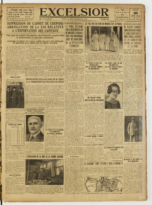 Une du journal Excelsior du 10 juin 1926 : Suppression du carnet de coupons abrogation de la loi relative a l'exportation des capitaux