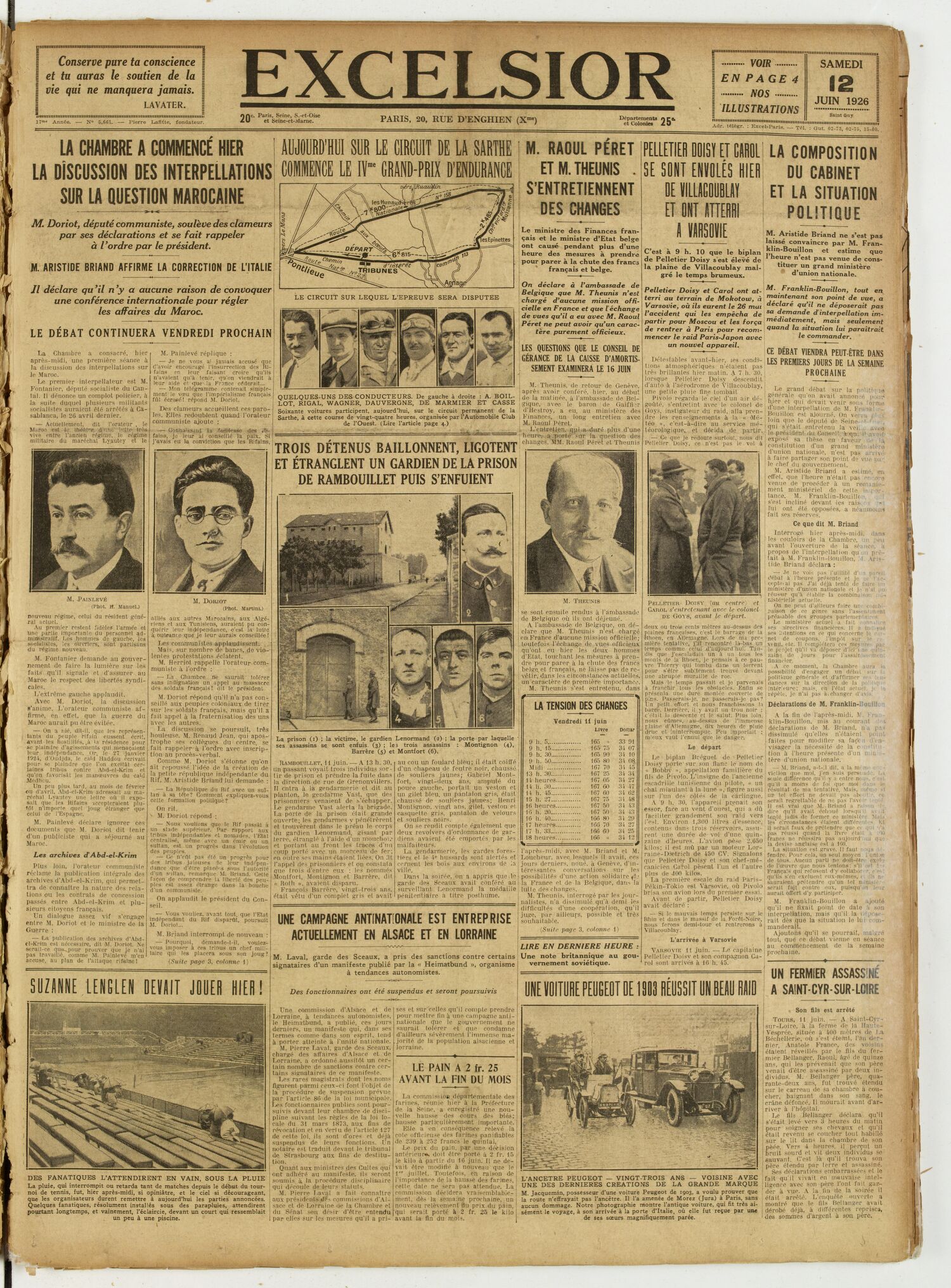 Une du journal Excelsior du 12 juin 1926 : Commence le ivme grand-prix d'endurance