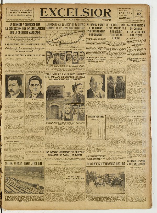 Une du journal Excelsior du 12 juin 1926 : Commence le ivme grand-prix d'endurance