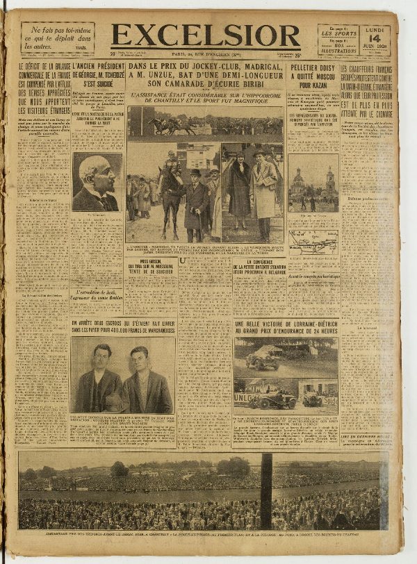 Une du journal Excelsior du 14 juin 1926 : Le déficit de la balance commerciale de la france est compensé par l'afflux des devises appréciées que nous apportent les visiteurs étrangers