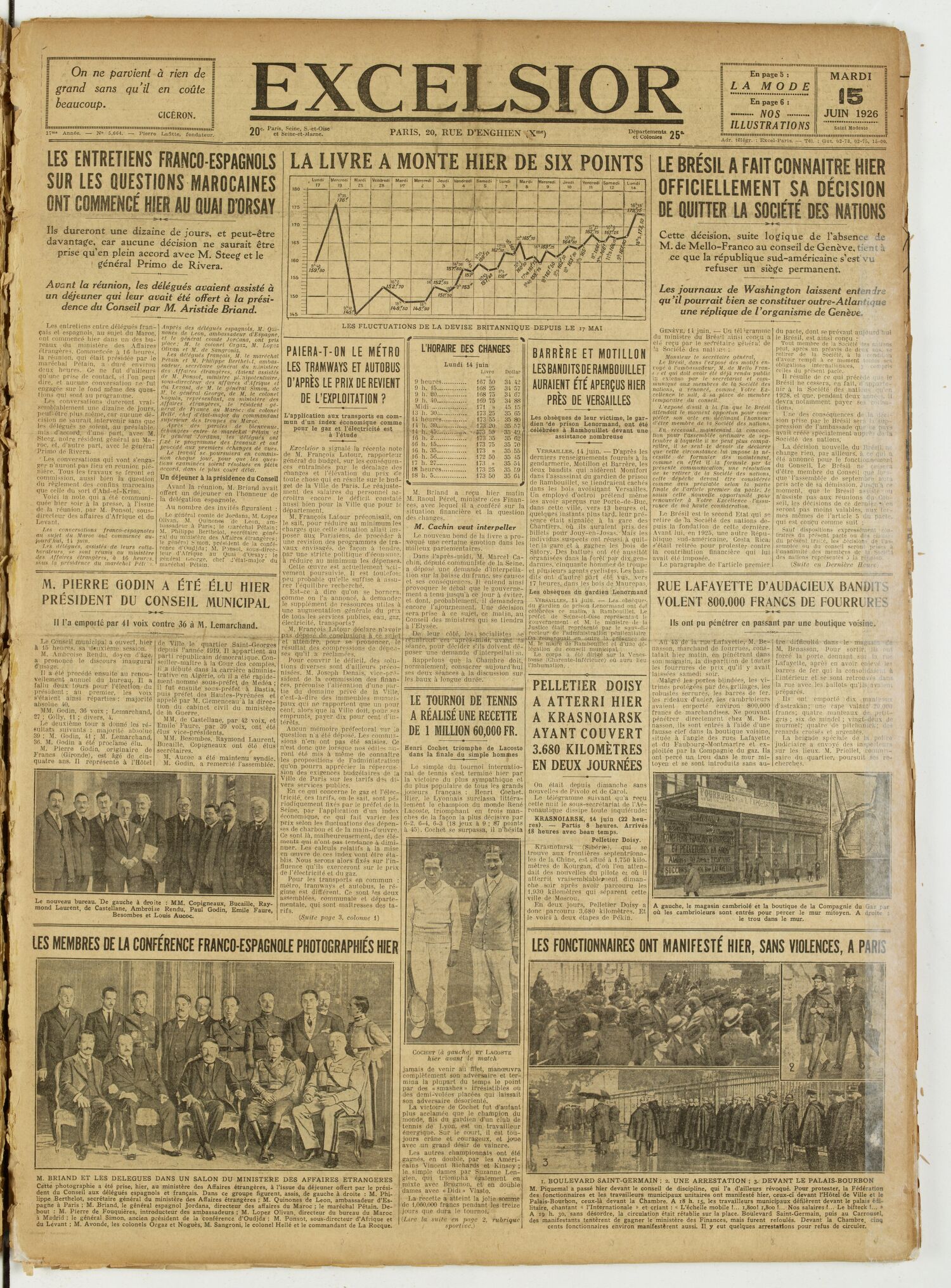 Une du journal Excelsior du 15 juin 1926 : La livre a monte hier de six points