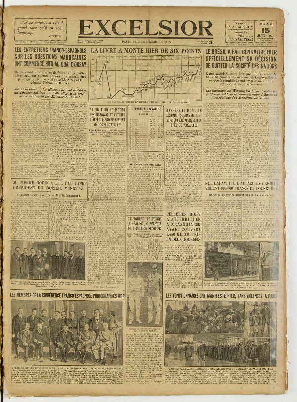 Une du journal Excelsior du 15 juin 1926 : La livre a monte hier de six points