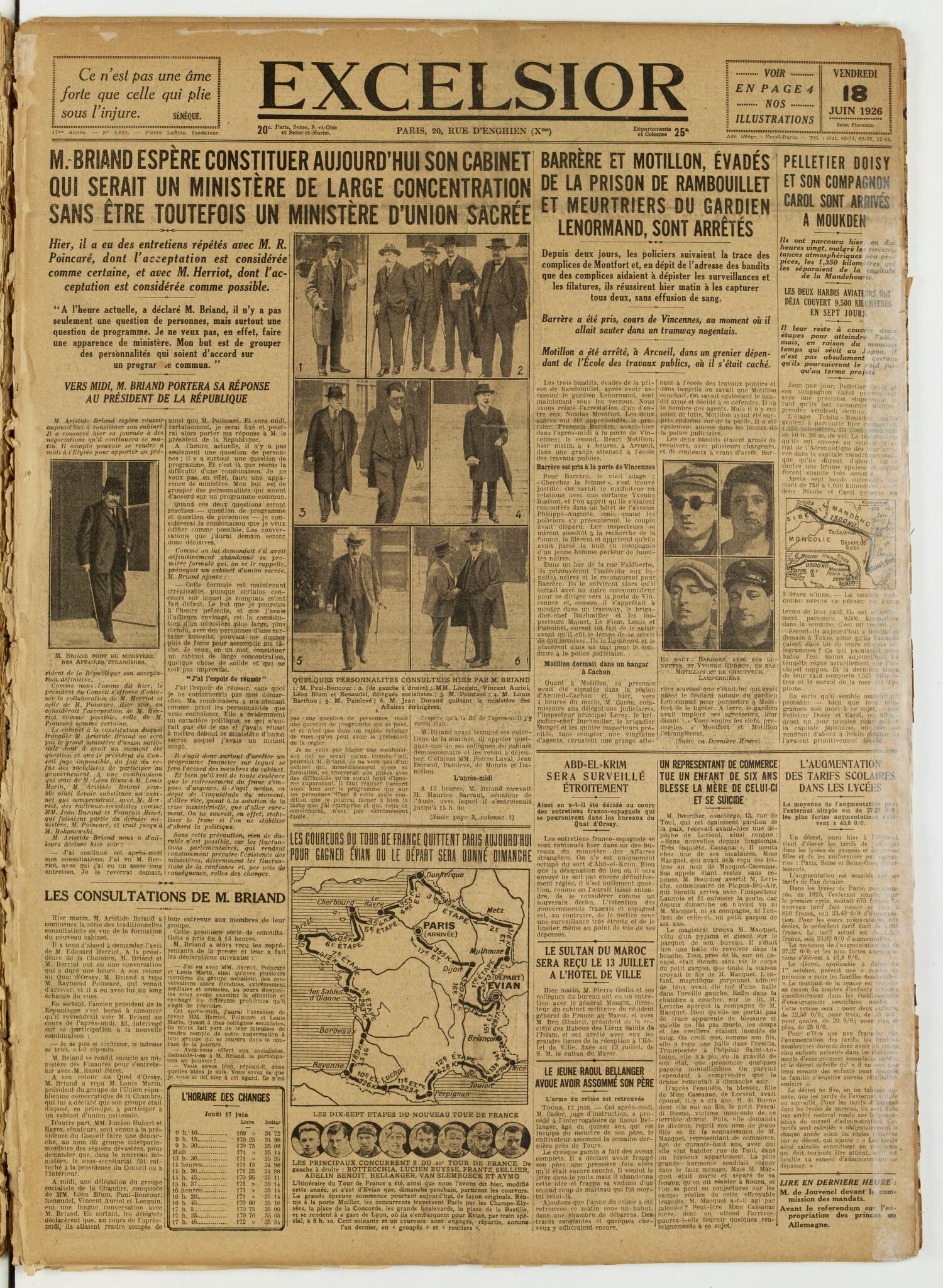 Une du journal Excelsior du 18 juin 1926 : M briand espere constituer aujourd'hui son cabinet qui serait un ministère de large concentration sans être toutefois un ministère d'union sacrée