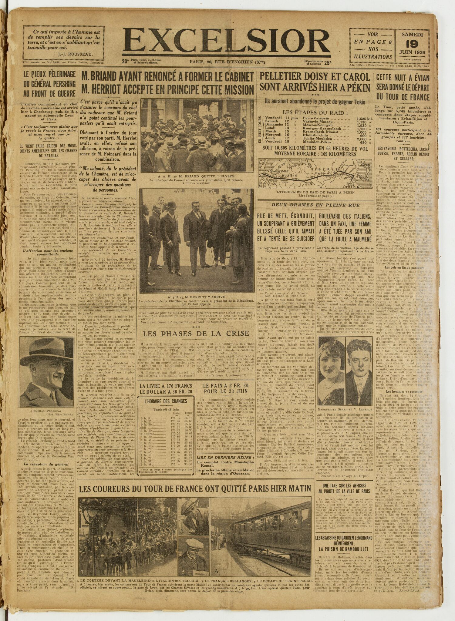 Une du journal Excelsior du 19 juin 1926 : M. briand ayant renoncé a former le cabinet M. herriot accepte en principe cette mission