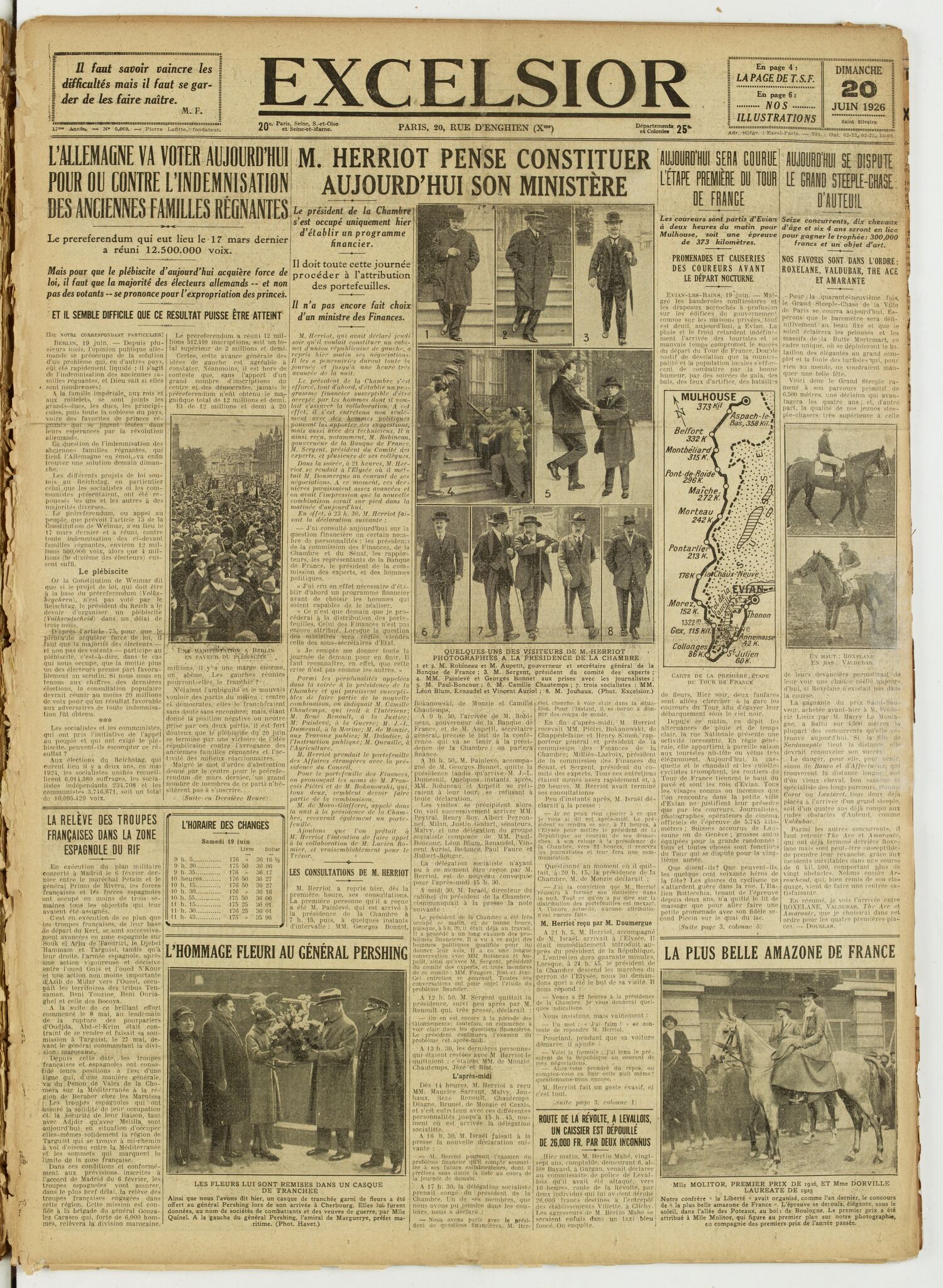 Une du journal Excelsior du 20 juin 1926 : M. herriot pense constituer aujourd'hui son ministère