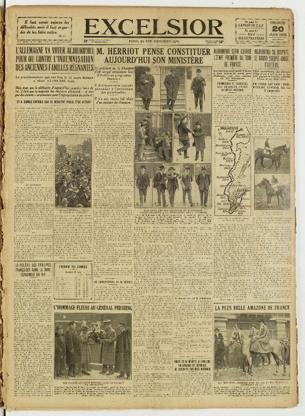 Une du journal Excelsior du 20 juin 1926 : M. herriot pense constituer aujourd'hui son ministère