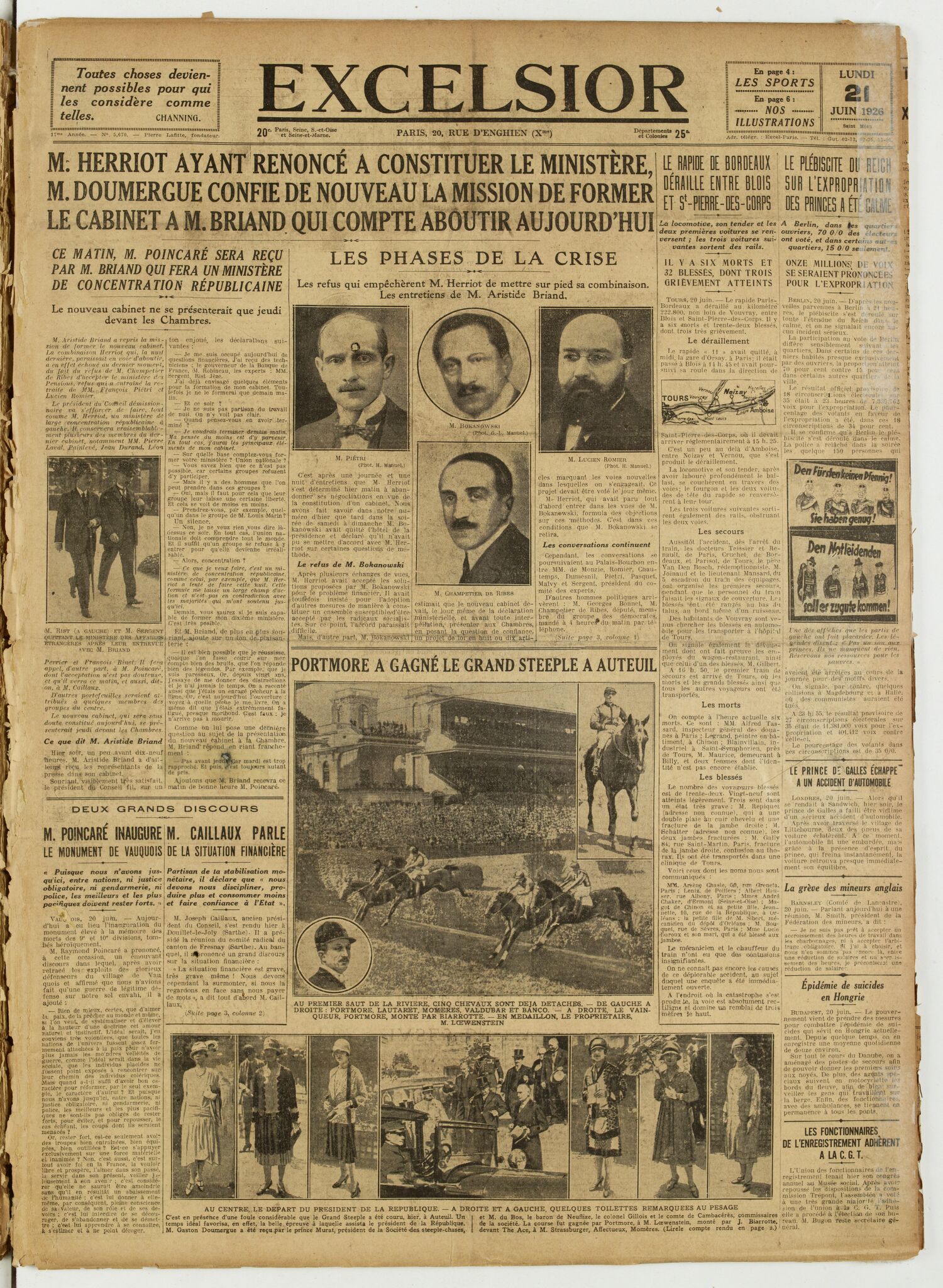 Une du journal Excelsior du 21 juin 1926 : M. herriot ayant renoncé a constituer le ministère, M. doumergue confie de nouveau la mission de former le cabinet a M. briand qui compte aboutir aujourd'hui