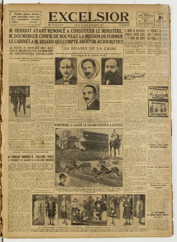 Une du journal Excelsior du 21 juin 1926 : M. herriot ayant renoncé a constituer le ministère, M. doumergue confie de nouveau la mission de former le cabinet a M. briand qui compte aboutir aujourd'hui