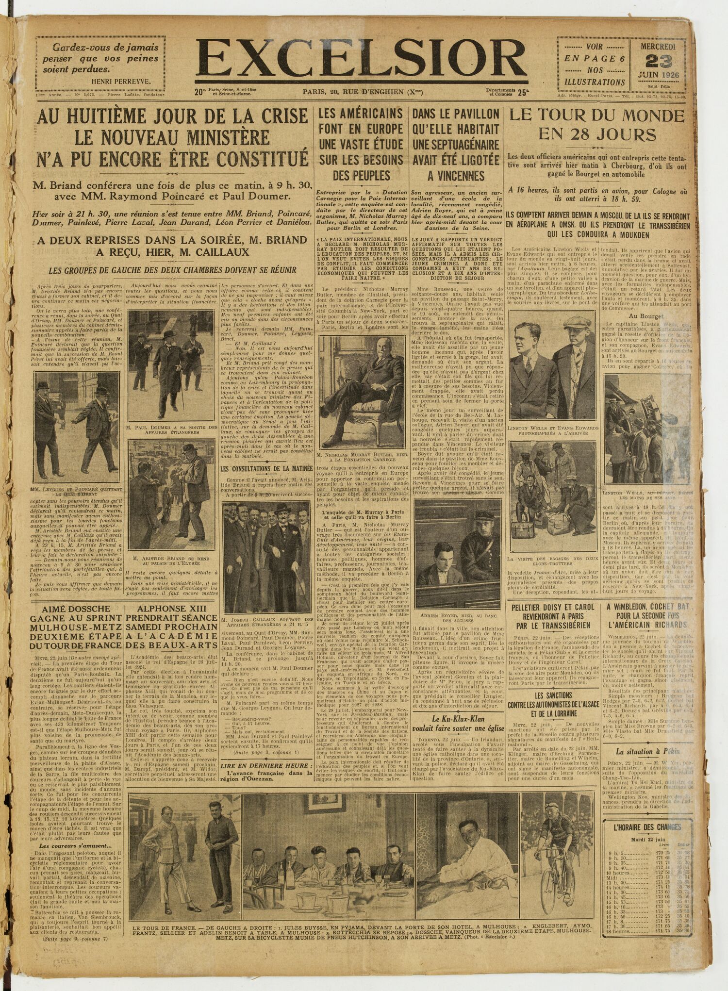 Une du journal Excelsior du 23 juin 1926 : Au huitième jour de la crise le nouveau ministère n'a pu encore être constitué