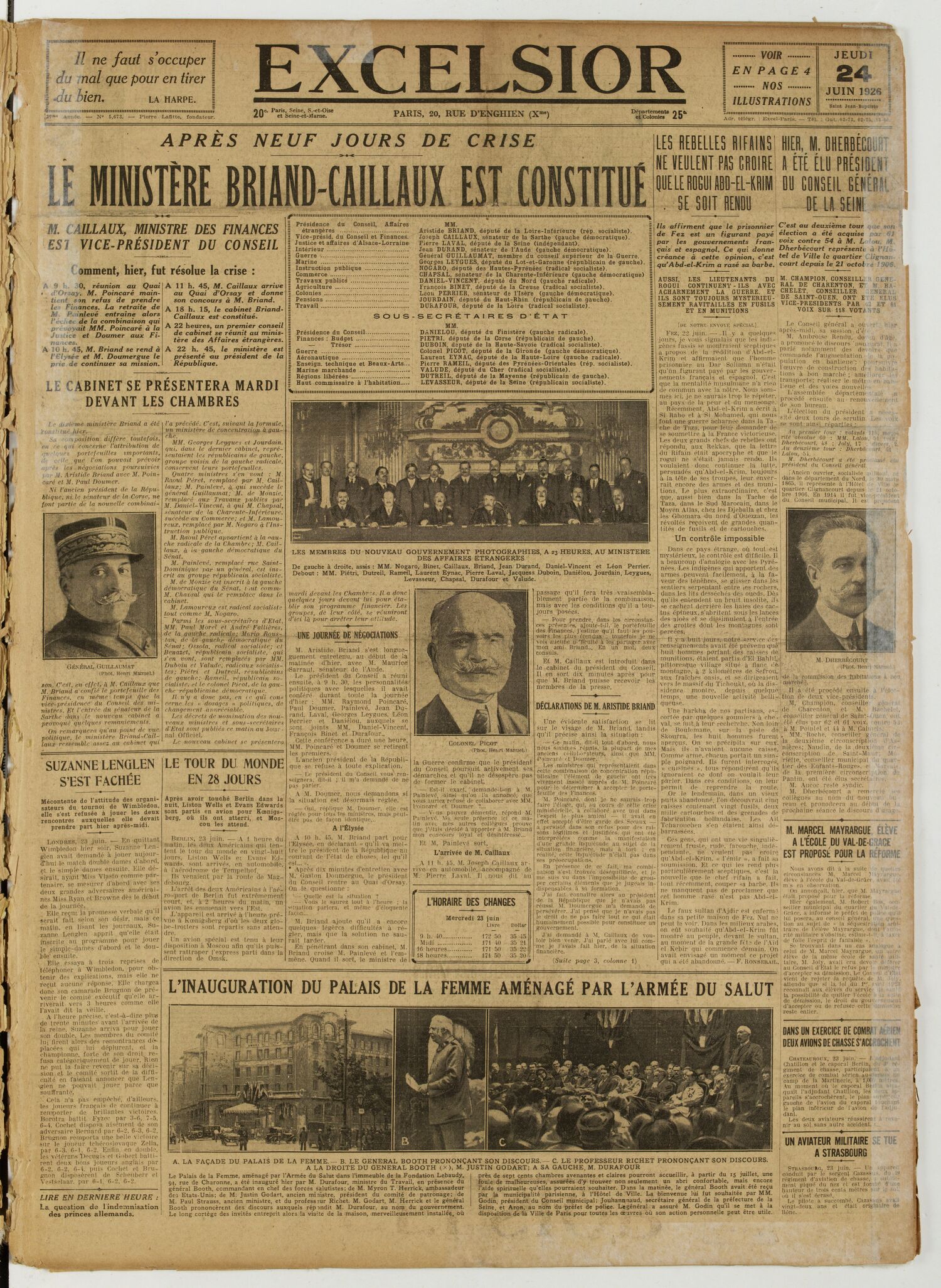 Une du journal Excelsior du 24 juin 1926 : Le ministère briand-caillaux est constitué