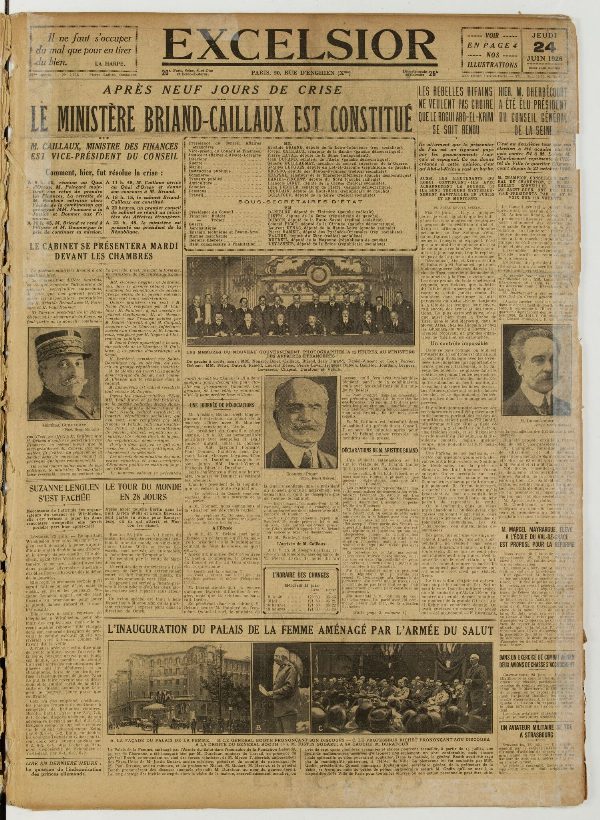 Une du journal Excelsior du 24 juin 1926 : Le ministère briand-caillaux est constitué