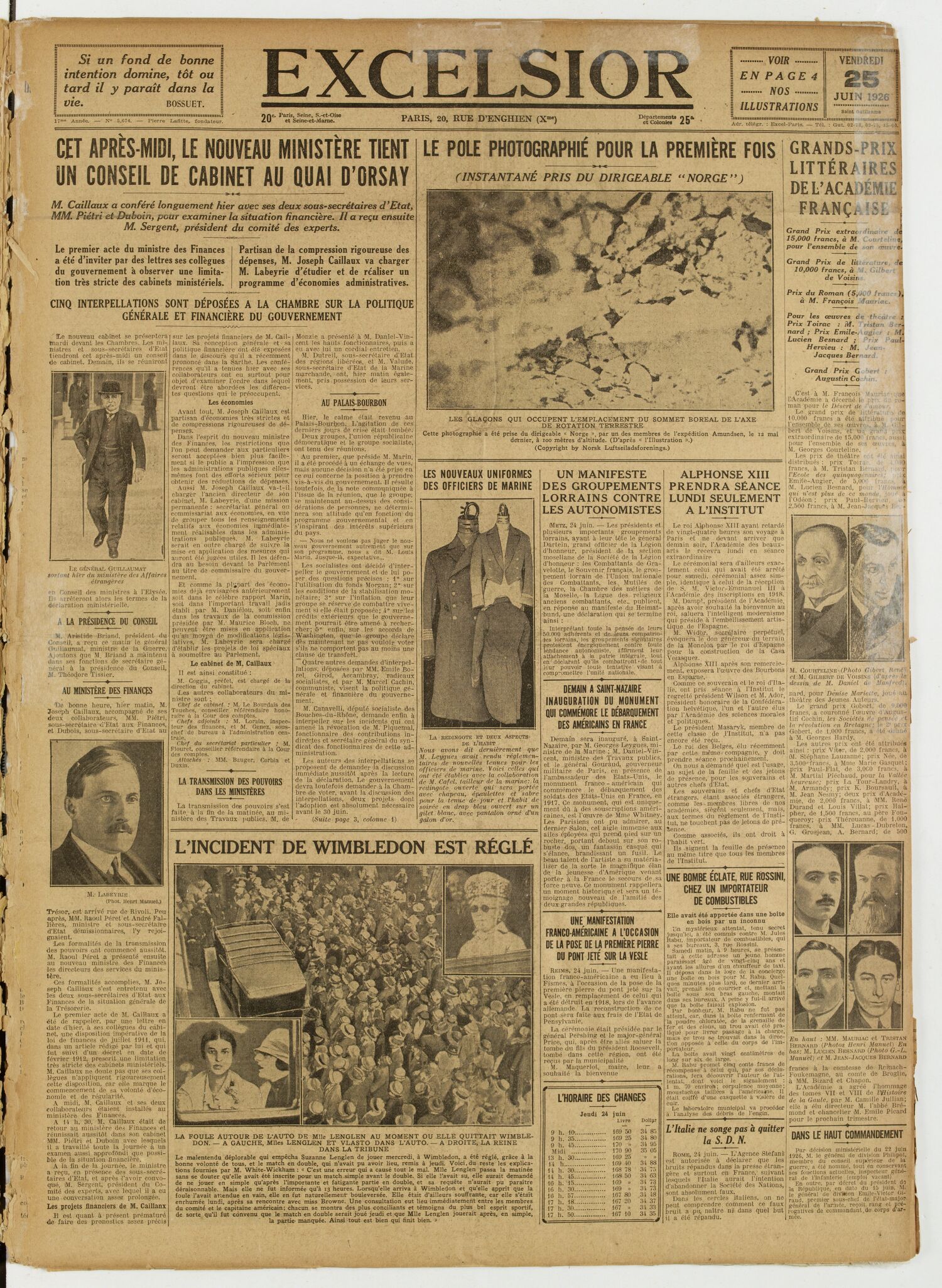 Une du journal Excelsior du 25 juin 1926 : Cet après-midi, le nouveau ministère tient un conseil de cabinet au quai d'orsay