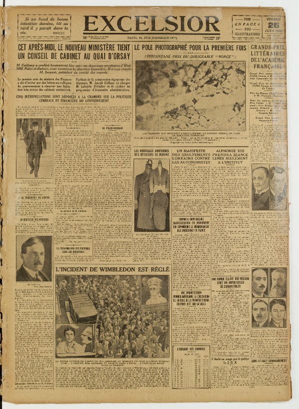 Une du journal Excelsior du 25 juin 1926 : Cet après-midi, le nouveau ministère tient un conseil de cabinet au quai d'orsay