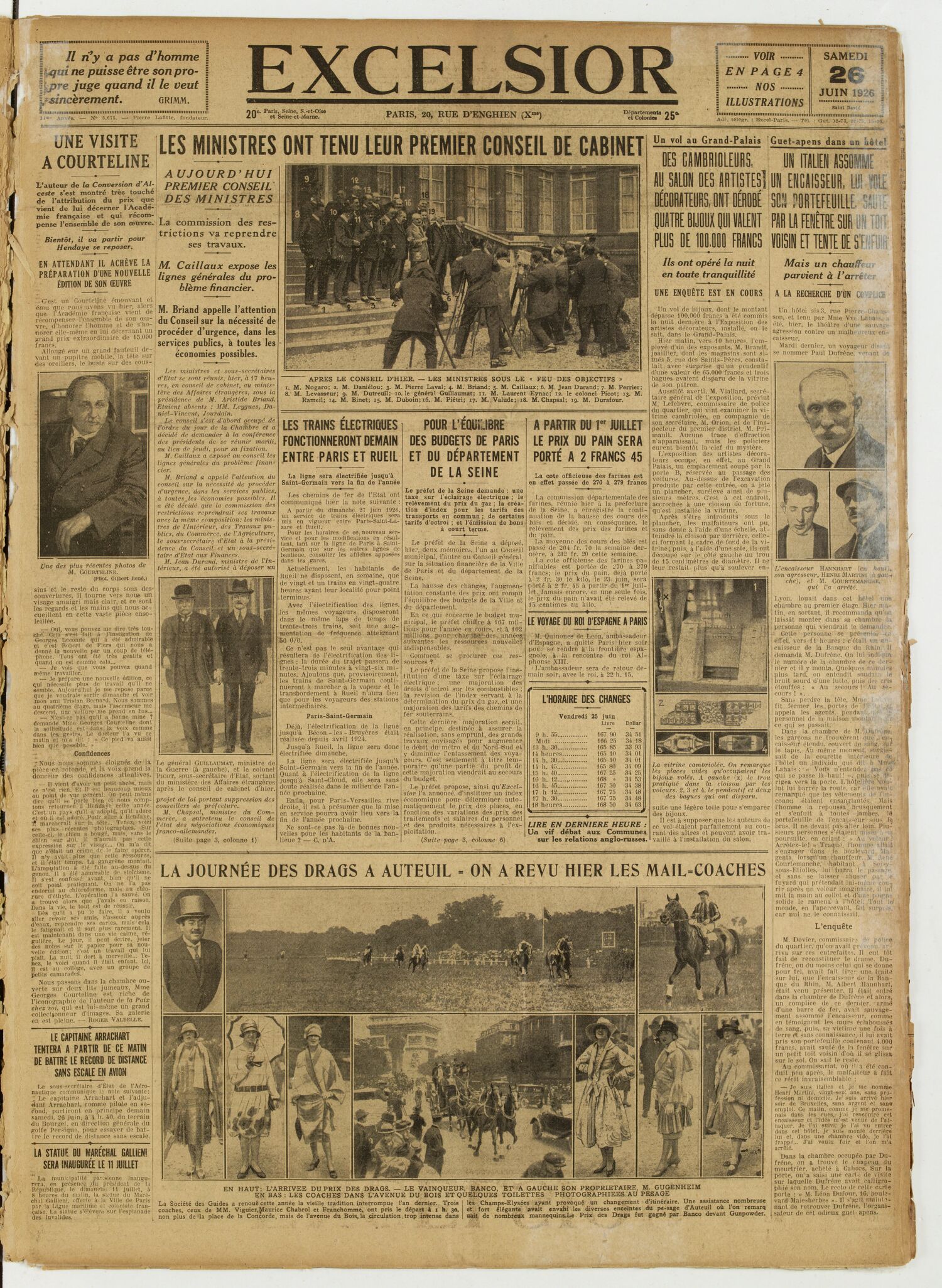 Une du journal Excelsior du 26 juin 1926 : Les ministres ont tenu leur premier conseil de cabinet