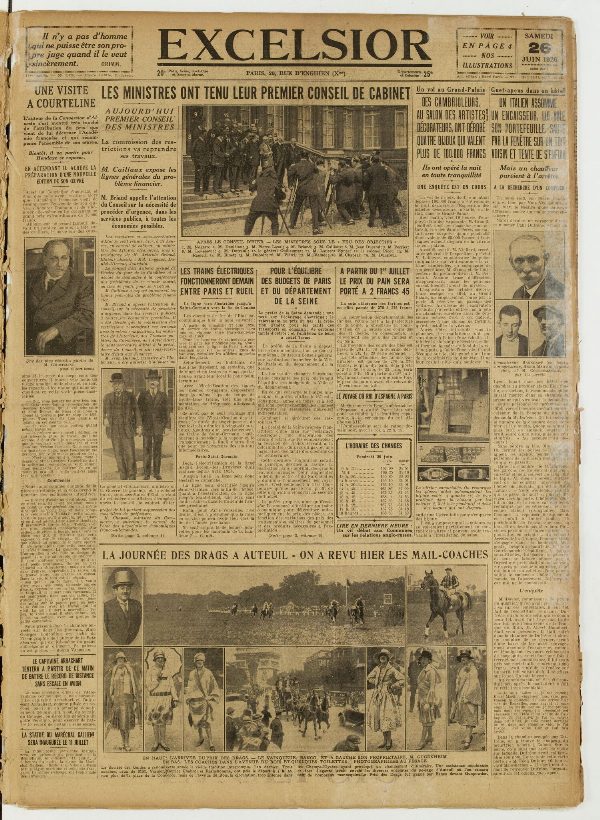 Une du journal Excelsior du 26 juin 1926 : Les ministres ont tenu leur premier conseil de cabinet