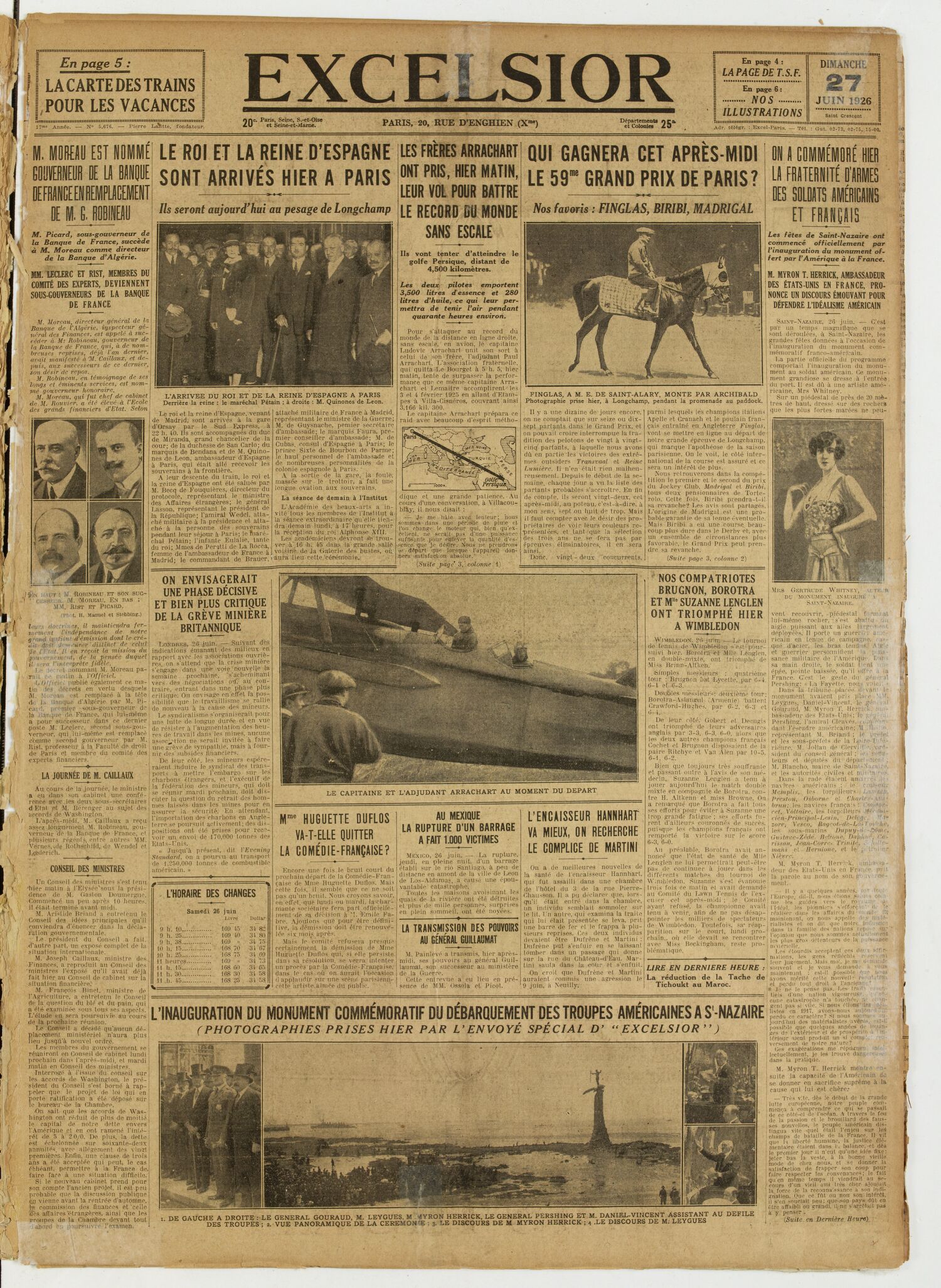 Une du journal Excelsior du 27 juin 1926 : On a commémoré hier la fraternité d'armes des soldats américains et français