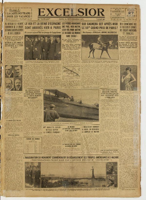 Une du journal Excelsior du 27 juin 1926 : On a commémoré hier la fraternité d'armes des soldats américains et français