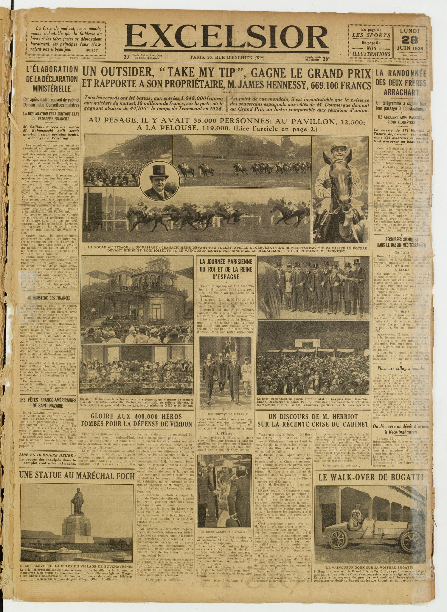 Une du journal Excelsior du 28 juin 1926 : Un outsider, « take my tip », gagne le grand prix