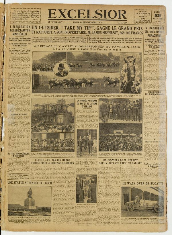 Une du journal Excelsior du 28 juin 1926 : Un outsider, « take my tip », gagne le grand prix