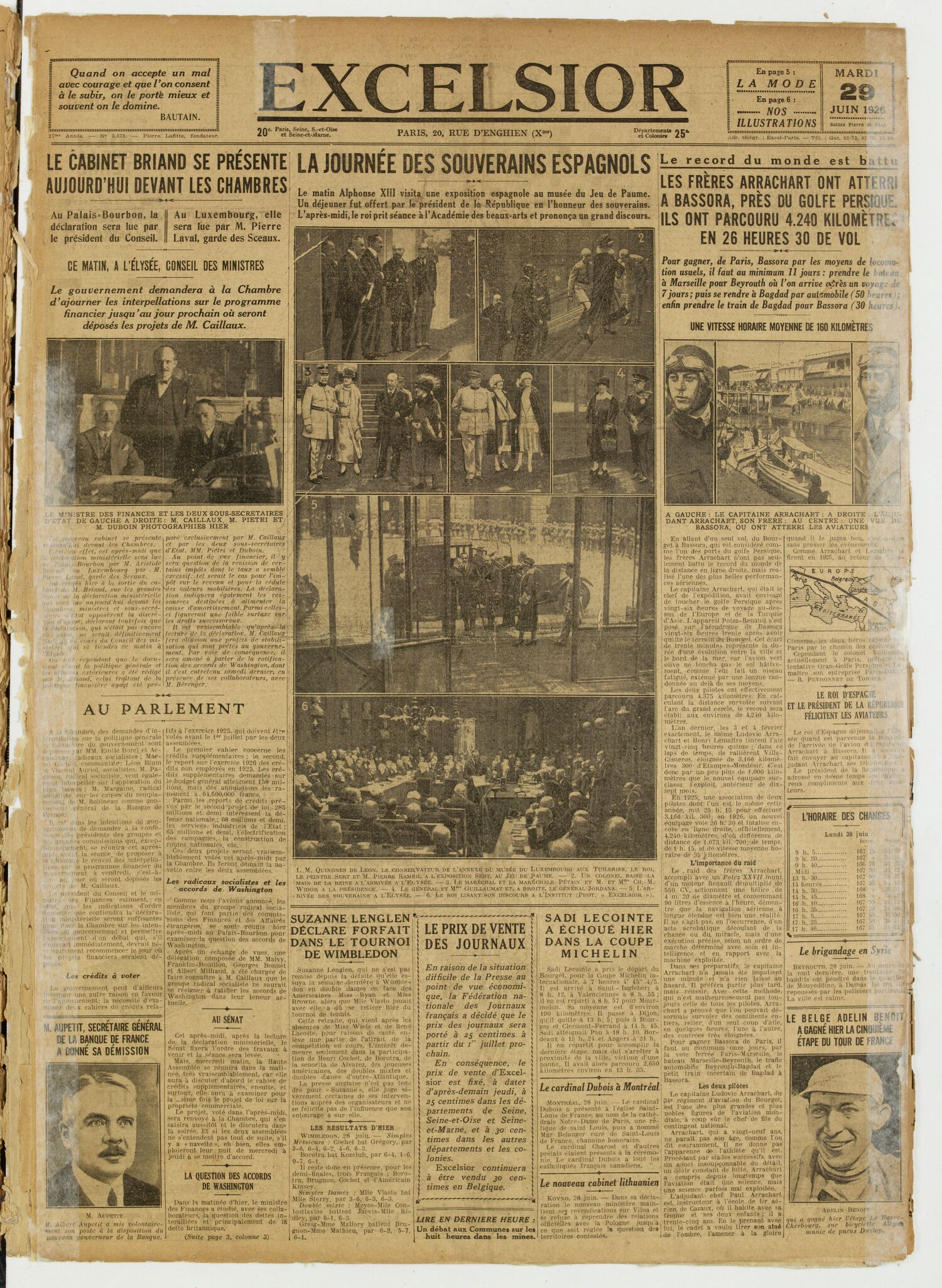 Une du journal Excelsior du 29 juin 1926 : La journee des souverains espagnols