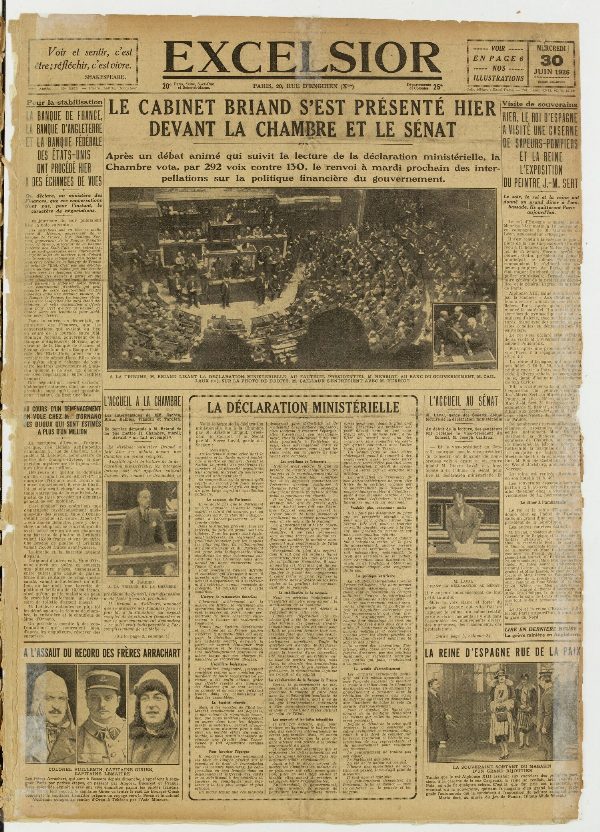 Une du journal Excelsior du 30 juin 1926 : Le cabinet briand s'est présenté hier devant la chambre et le sénat