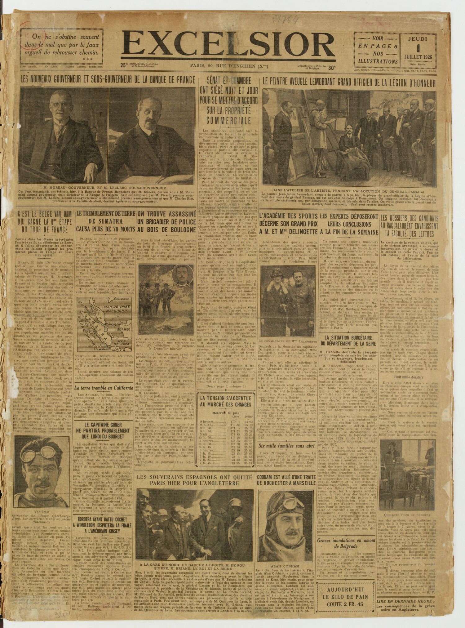 Une du journal Excelsior du 1 juillet 1926 : Les nouveaux gouverneur et sous-gouverneur de la banque de france