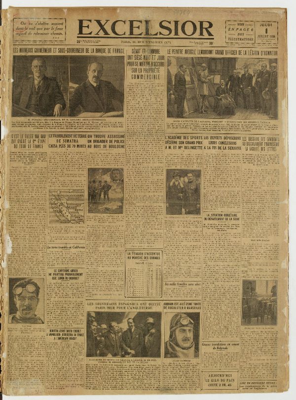 Une du journal Excelsior du 1 juillet 1926 : Les nouveaux gouverneur et sous-gouverneur de la banque de france