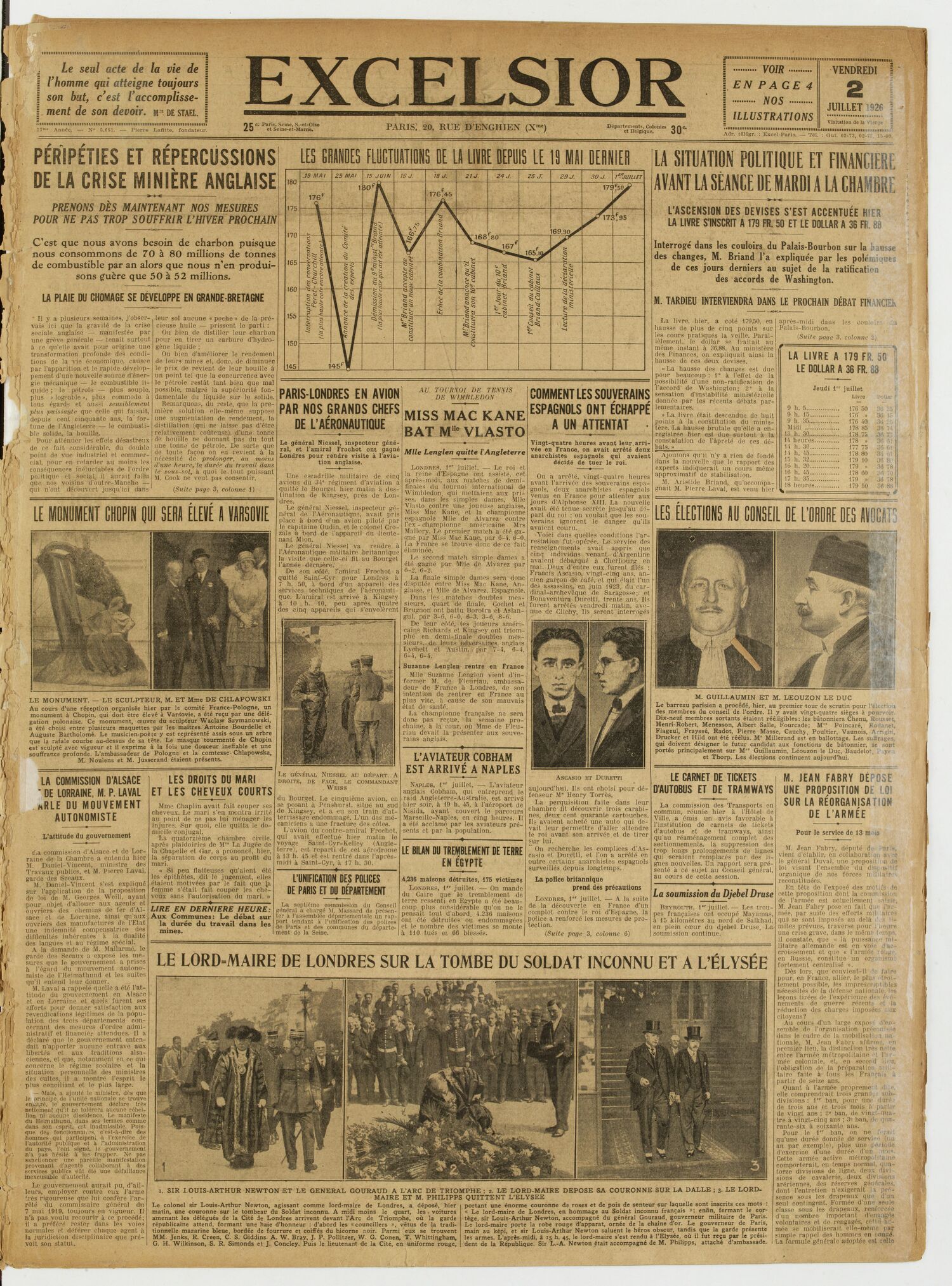 Une du journal Excelsior du 2 juillet 1926 : Péripéties et répercussions de la crise minière anglaise