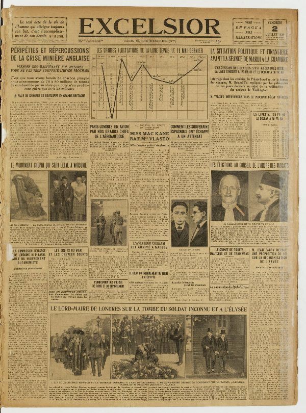 Une du journal Excelsior du 2 juillet 1926 : Péripéties et répercussions de la crise minière anglaise