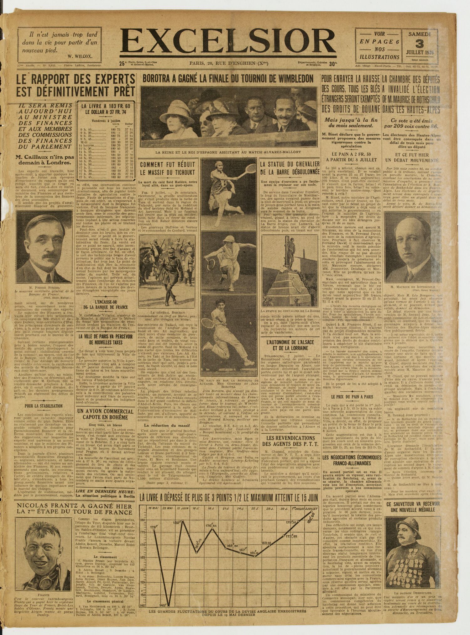 Une du journal Excelsior du 3 juillet 1926 : Le rapport des experts est définitivement pret
